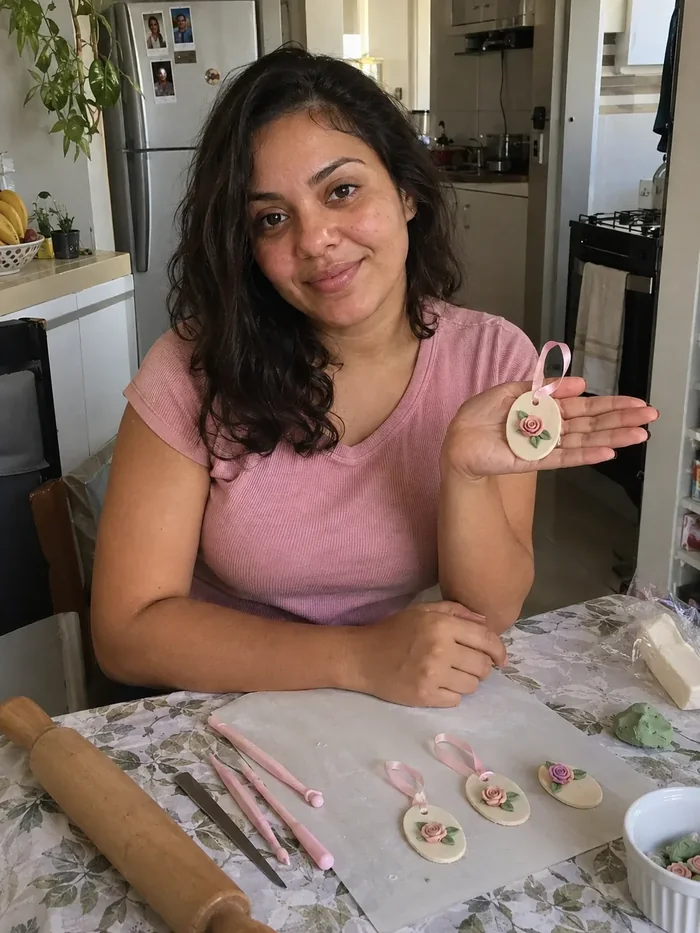 Em casa: mostrando uma plaquinha